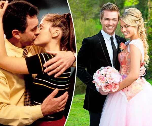 Two images: Left, a couple kissing passionately. Right, a smiling couple in wedding attire outdoors holding flowers.