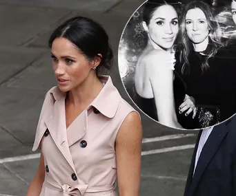 Meghan Markle in a sleeveless dress with a friend at an event, inset with another photo of her walking outdoors.