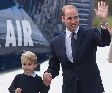 Father and son walking, holding hands; the father waves while a helicopter with "AIR" text is behind them.