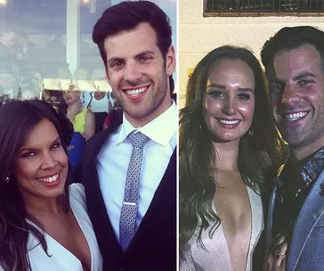 Couples from a reality TV crossover smiling at events in formal attire.