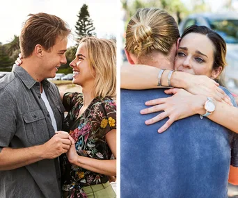 Two scenes from "Home and Away": left shows a couple smiling warmly at each other; right shows an emotional embrace.