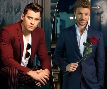 Two men in stylish suits; one holding a rose, symbolizing charm and elegance, likely Australian actors.