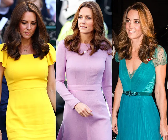 Three images of a woman in different dresses: yellow, lavender, and teal with lace details.