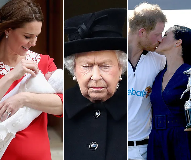 A woman in red holding a baby, an elderly woman in black, and a couple kissing, all divided into three panels.