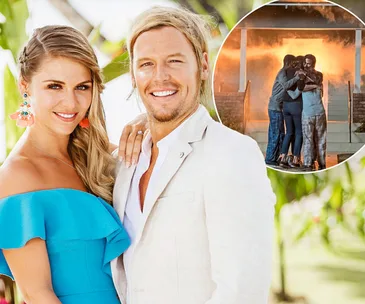 A smiling couple embraces outdoors; inset shows a family hugging as a house burns in the background.