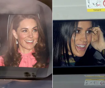Women smiling inside cars during the Queen's Christmas lunch, 2018.