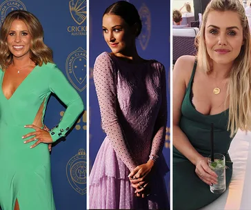Three women pose in elegant dresses at an event and a casual setting.