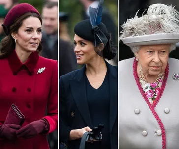 Kate Middleton, Meghan Markle, and the Queen in formal attire, attending a public event.