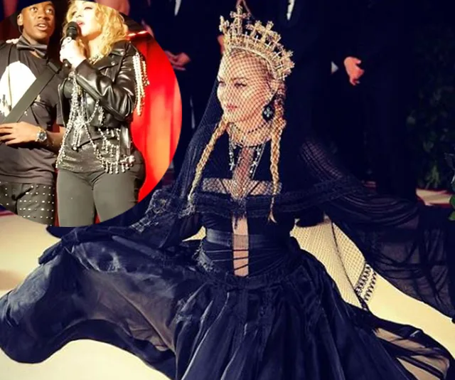 A woman in an elaborate black gown and crown, with an inset of her in a leather outfit performing with a man on stage.