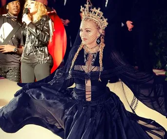 A woman in an elaborate black gown and crown, with an inset of her in a leather outfit performing with a man on stage.