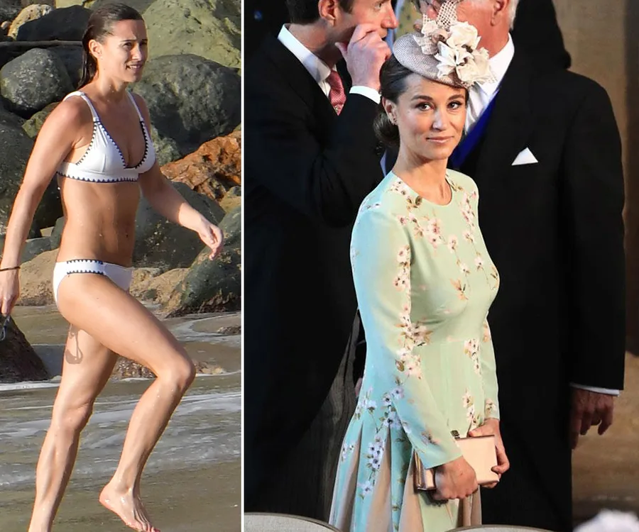 "Two images of a woman: one in a swimsuit at the beach, the other in a floral dress at a formal event."