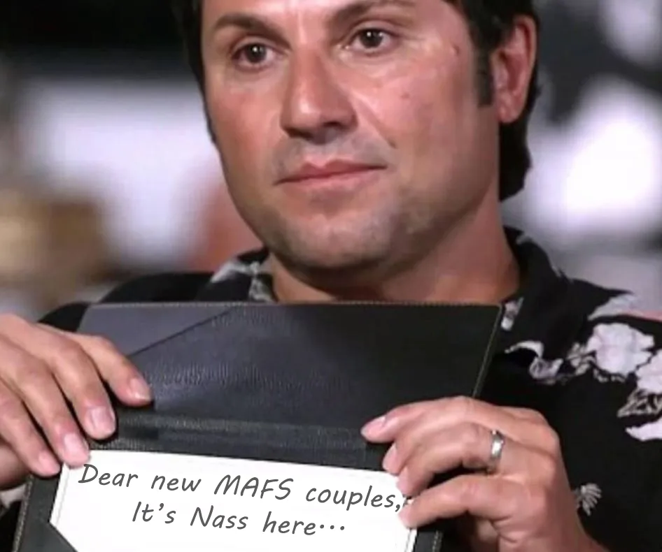 Man holding card saying "Dear new MAFS couples, It's Nass here." from Married At First Sight advice segment.