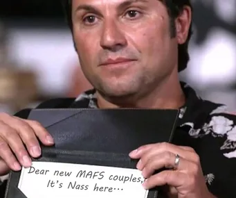 Man holding card saying "Dear new MAFS couples, It's Nass here." from Married At First Sight advice segment.