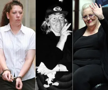 Three images of a woman at different ages; handcuffed, posing with a peace sign, and waving while seated.