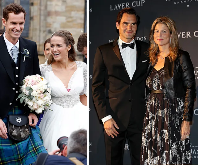 Couples at two events: a wedding with a man in a kilt and a woman in a gown, and a black-tie event with a couple posing.