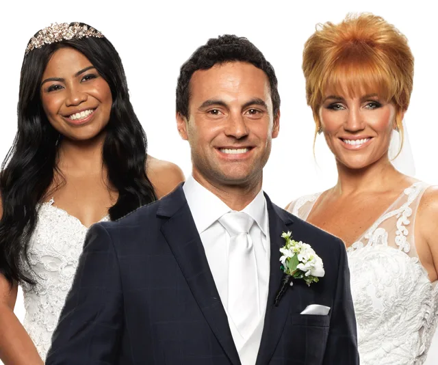 Three cast members from Married at First Sight Australia 2019, smiling in wedding attire.