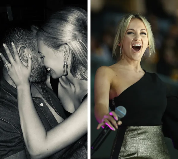 A couple embraces, woman shows off engagement ring; woman sings on stage holding a microphone, wearing a stylish outfit.