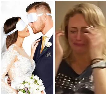 A bride and groom wearing blindfolds on the left; a woman crying on the right.