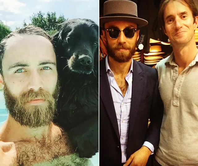 Two-photo collage: left shows a bearded man with a black dog in water, right shows the same man in sunglasses and a suit with another man.