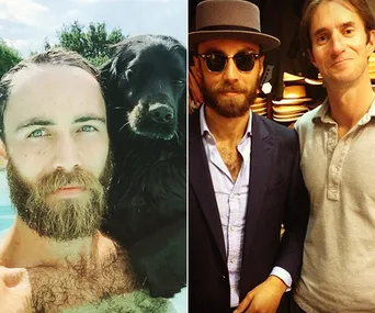Two-photo collage: left shows a bearded man with a black dog in water, right shows the same man in sunglasses and a suit with another man.
