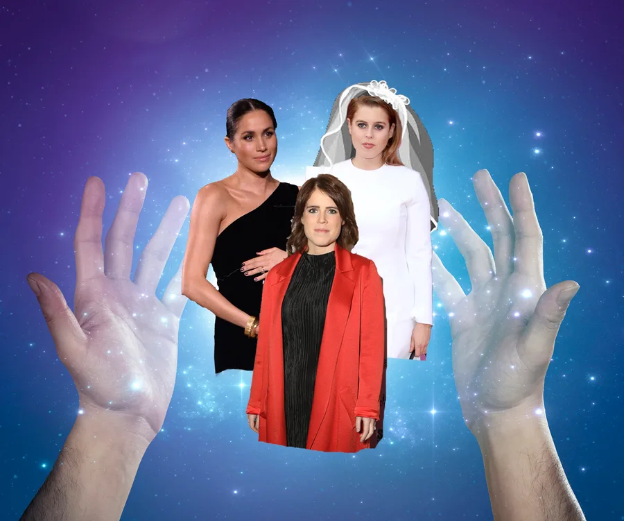 Royal family members with cosmic background and hands reaching out.