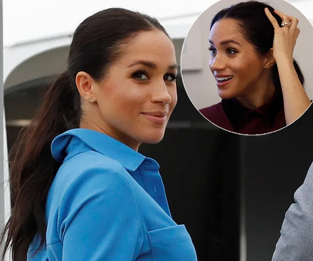Meghan Markle in a blue dress, smiling with hair in a ponytail, and an inset showing her adjusting her hair.