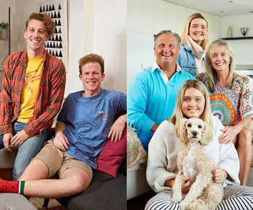 Two groups of people from "Gogglebox Australia" sitting together, smiling, one group with a dog.