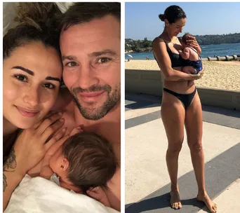 Family cuddling with newborn; woman in bikini holding baby on beach.