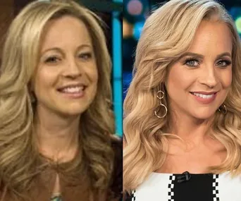 "Side-by-side comparison of a woman's appearance from 10 years ago and present, showing aging and style changes."