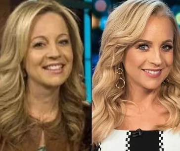 "Side-by-side comparison of a woman's appearance from 10 years ago and present, showing aging and style changes."