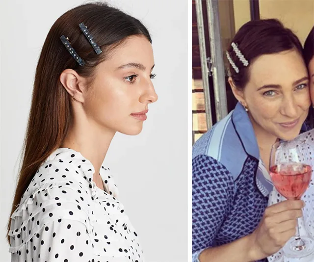 Side-by-side images of two women wearing polka dot shirts and large hair clips in their hair.