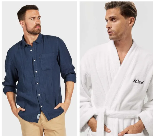 Men modeling blue shirt and white robe with "Dad" embroidery.