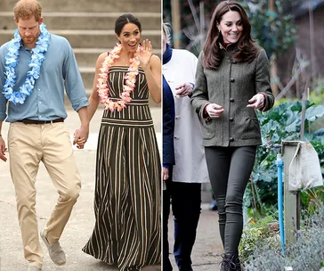 Couple with leis walking; woman in striped dress, man in blue shirt. Woman in jacket walking in garden.