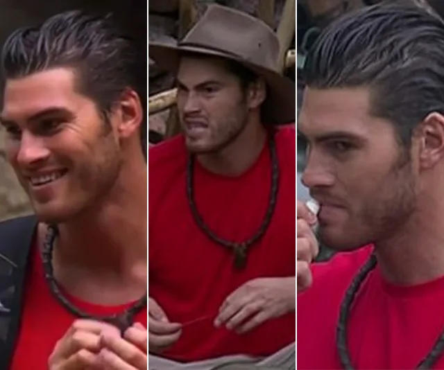Justin in a red shirt depicted in three moments, capturing varied expressions in a jungle setting.