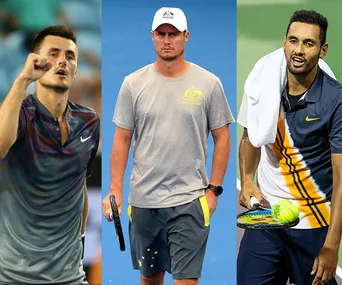 Australian tennis players on the court, each holding or near tennis gear.