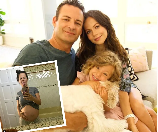 A family photo with a man, woman, and child on a sofa; inset shows a pregnant woman taking a selfie.