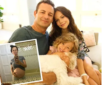 A family photo with a man, woman, and child on a sofa; inset shows a pregnant woman taking a selfie.