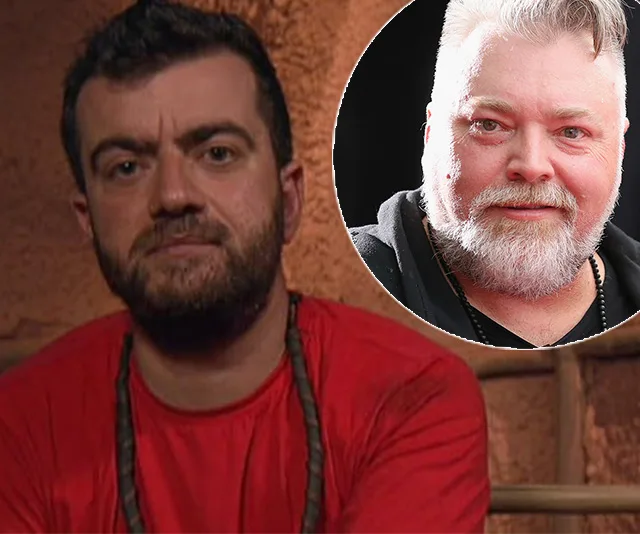 Man in red shirt with serious expression, inset shows another man smiling with white beard.