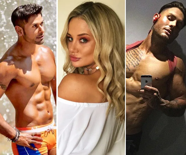 Young man on beach, woman with wavy hair in white top, man taking mirror selfie in gym.