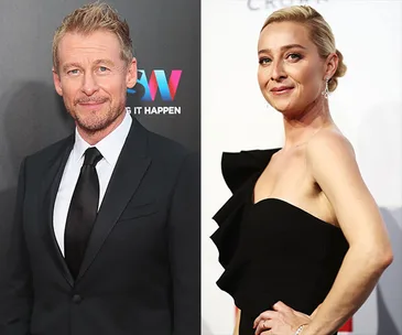 Richard Roxburgh and Asher Keddie pose separately at formal events, both wearing elegant black outfits.