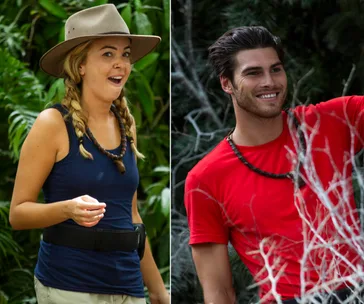 "Two people in jungle attire, one with a hat and braids, the other in a red shirt, in a jungle setting."