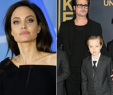 Angelina Jolie at a podium; Brad Pitt with a child in a suit at a red carpet event.