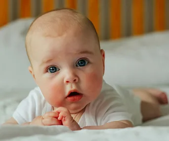A baby lying on their stomach on a bed, looking directly at the camera with wide eyes and clasped hands.
