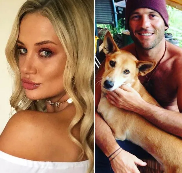Blonde woman posing; shirtless man holding a dog.