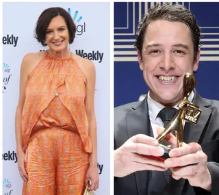 Left woman in orange outfit at event; right man holding award, smiling.