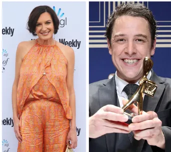 Left woman in orange outfit at event; right man holding award, smiling.