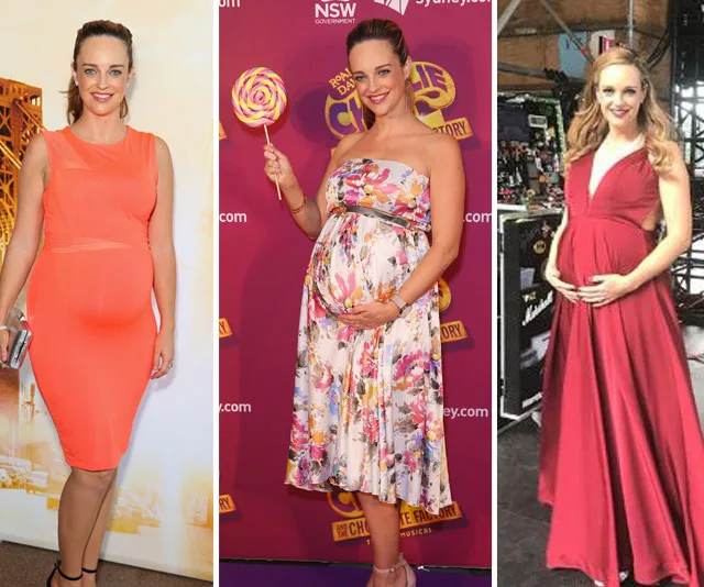 Penny McNamee in three outfits, showing her baby bump at different events.