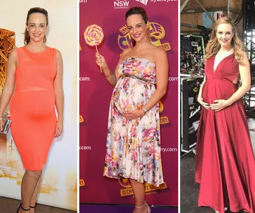 Penny McNamee in three outfits, showing her baby bump at different events.