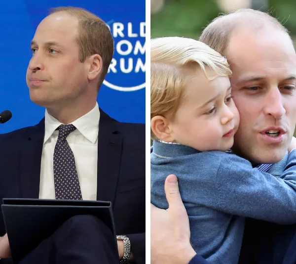 Two images of Prince William: speaking at a forum and holding a child affectionately.