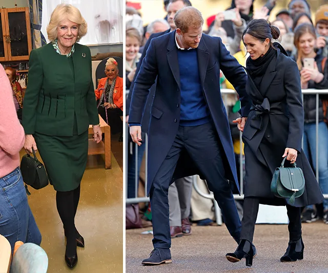 Two side-by-side images: a woman in green indoors and a couple in coats, with a woman holding a green purse, outdoors.